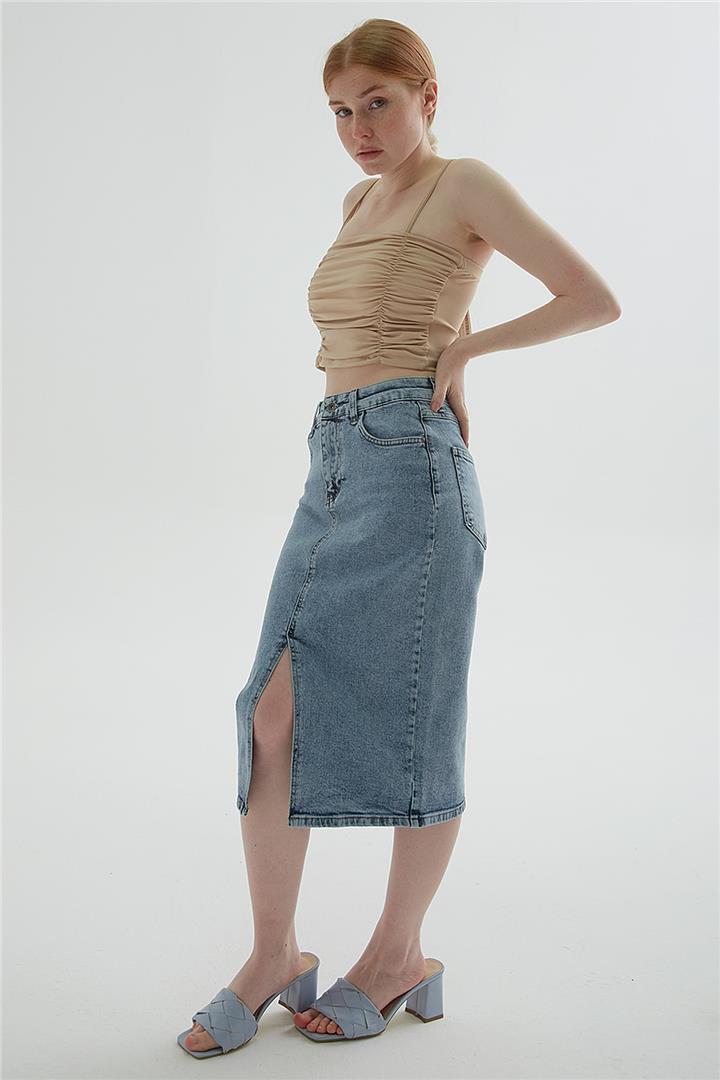 Denim Midi Etek Mavi | Fashion Friends