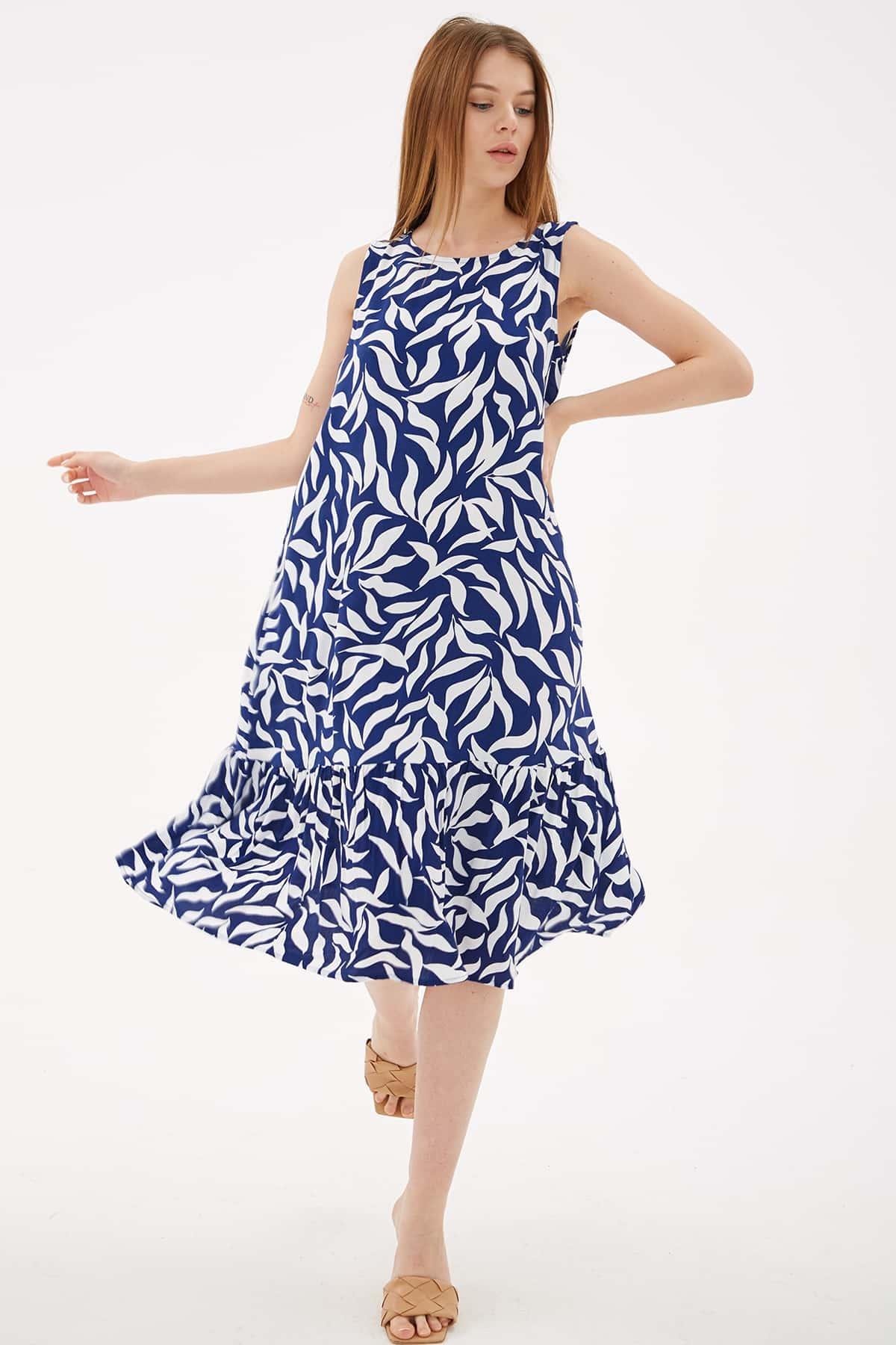 Desenli Elbise Mavi | Fashion Friends