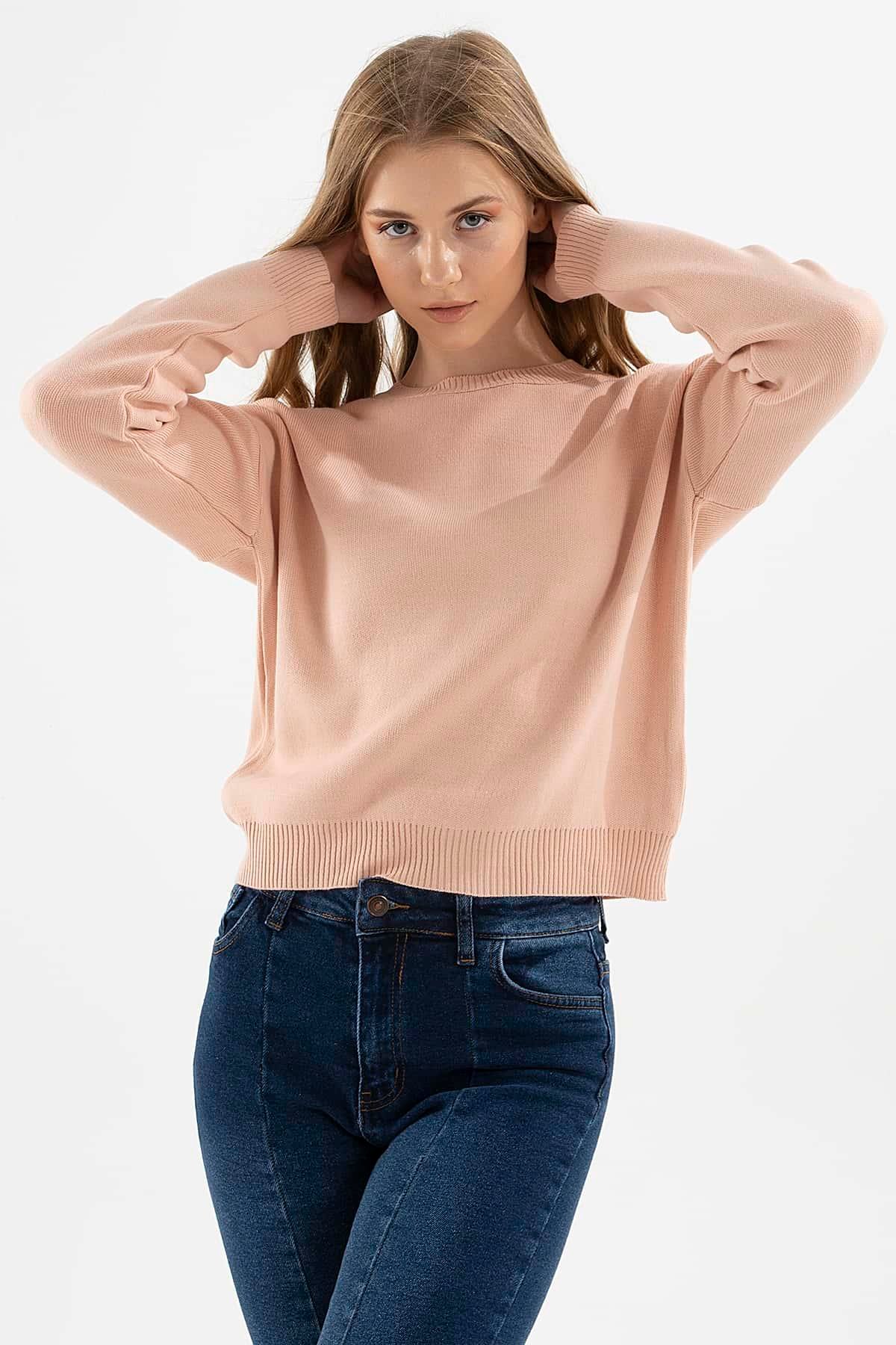 Düşük Omuzlu Kazak Pudra | Fashion Friends