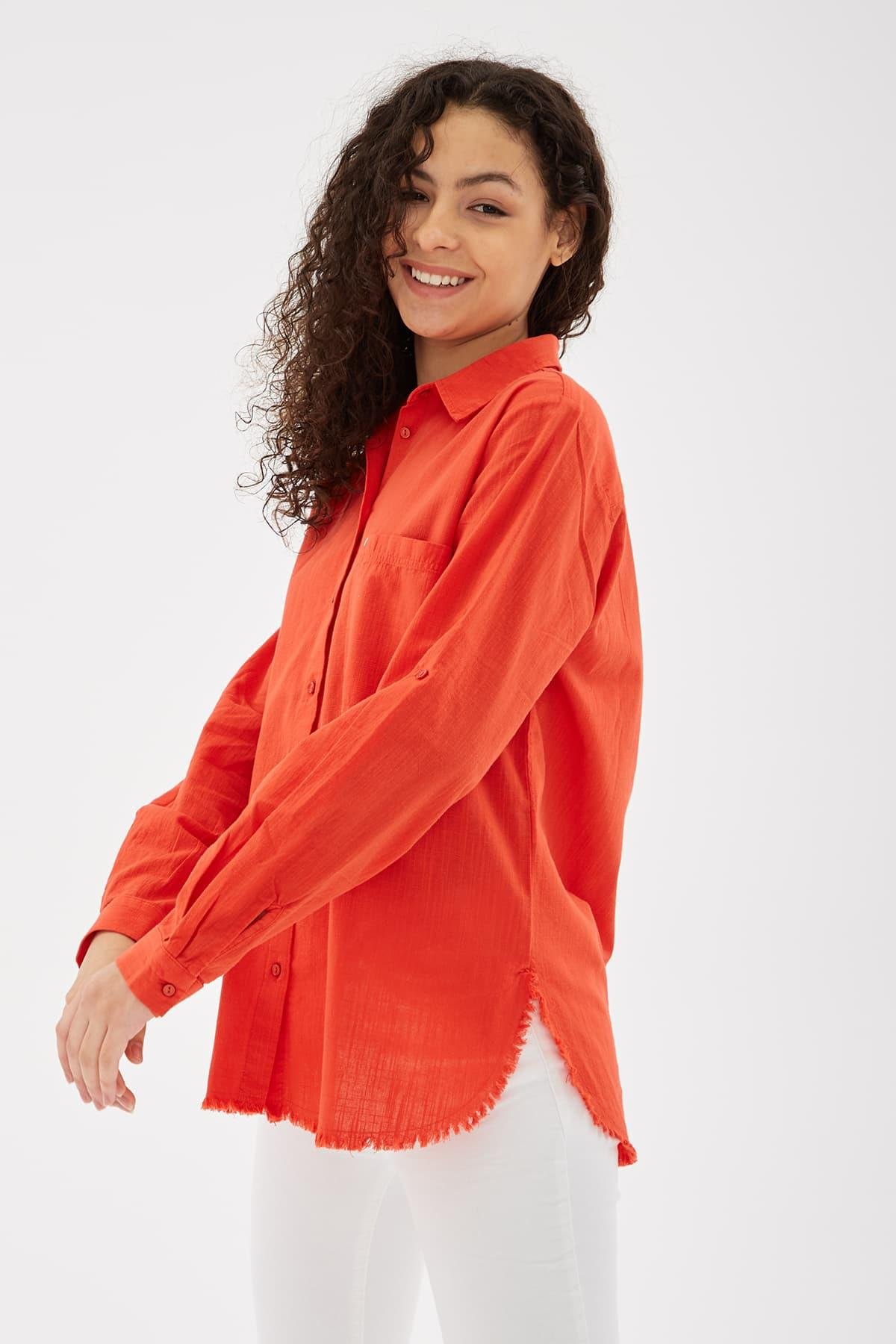 Etek Ucu Püsküllü Gömlek Kırmızı | Fashion Friends