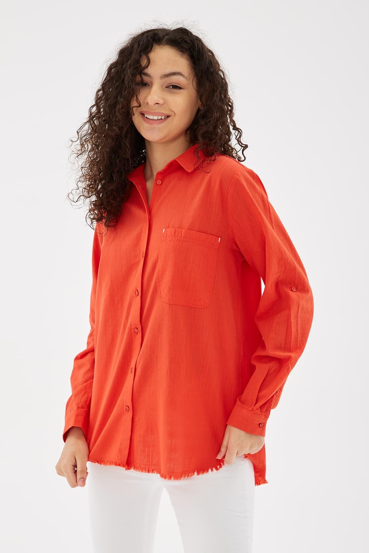 Etek Ucu Püsküllü Gömlek Kırmızı | Fashion Friends