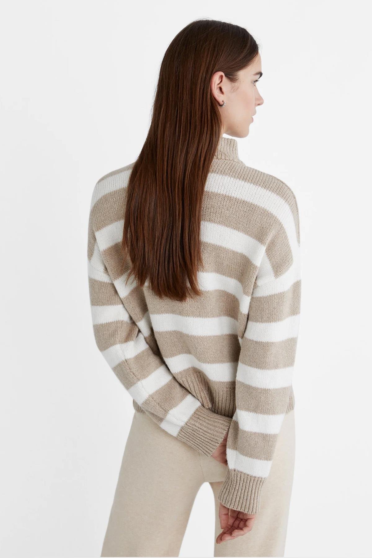 Fermuarlı Çizgili Kazak Vizon | Fashion Friends