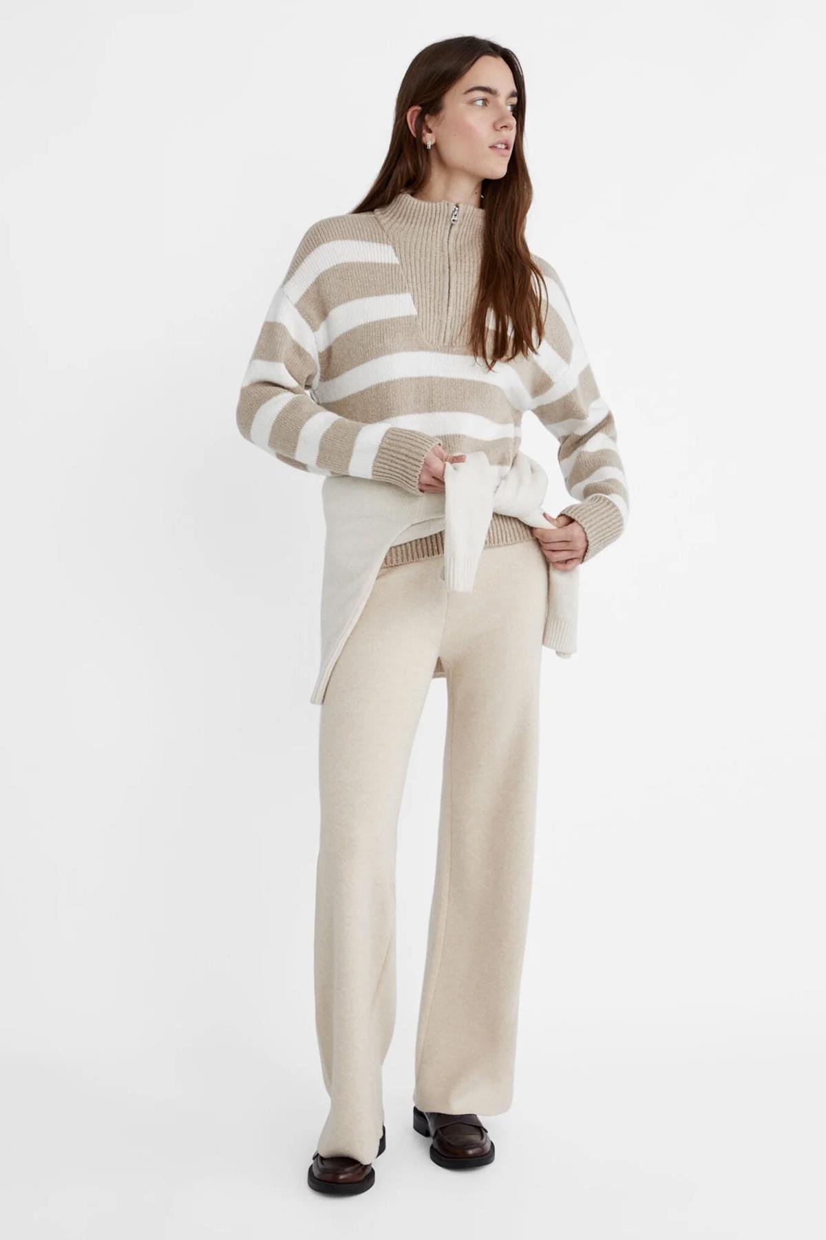 Fermuarlı Çizgili Kazak Vizon | Fashion Friends