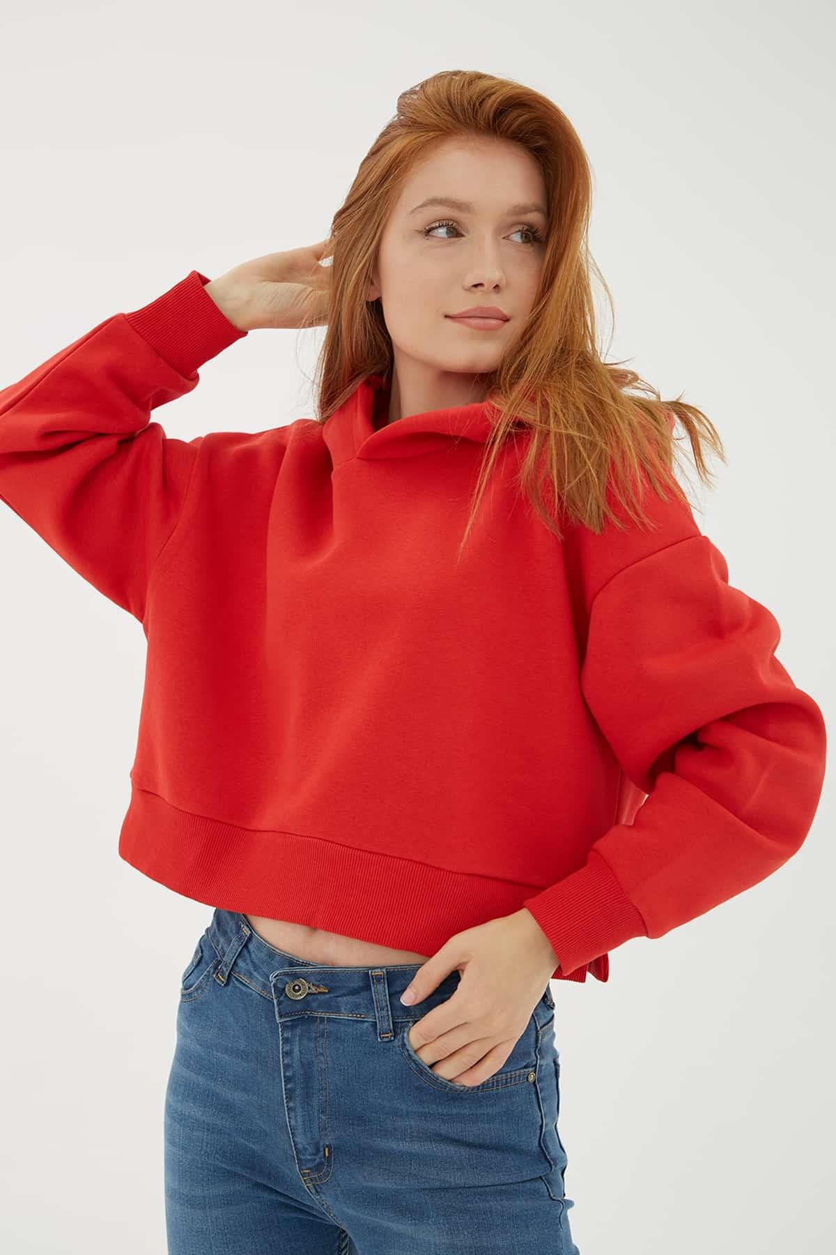 Kapüşonlu Crop Sweat Kırmızı | Fashion Friends