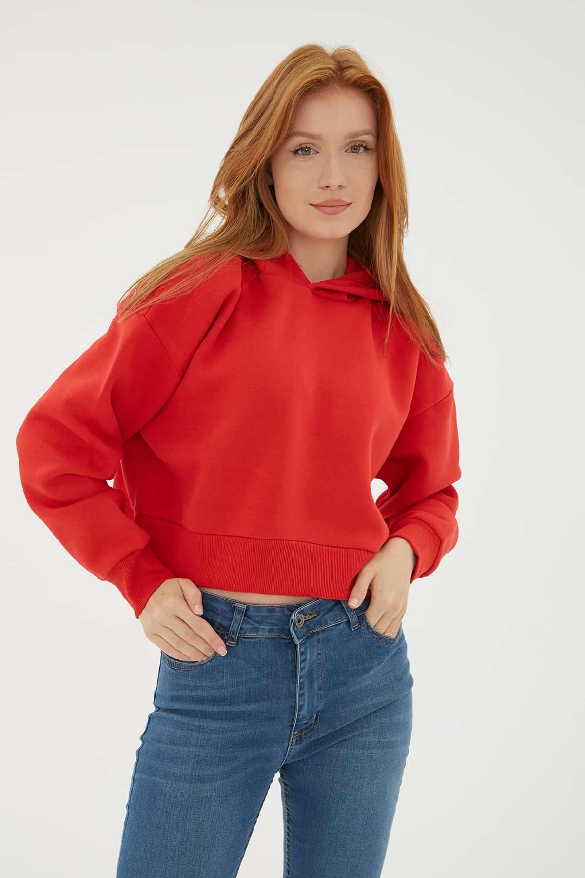 Kapüşonlu Crop Sweat Kırmızı | Fashion Friends