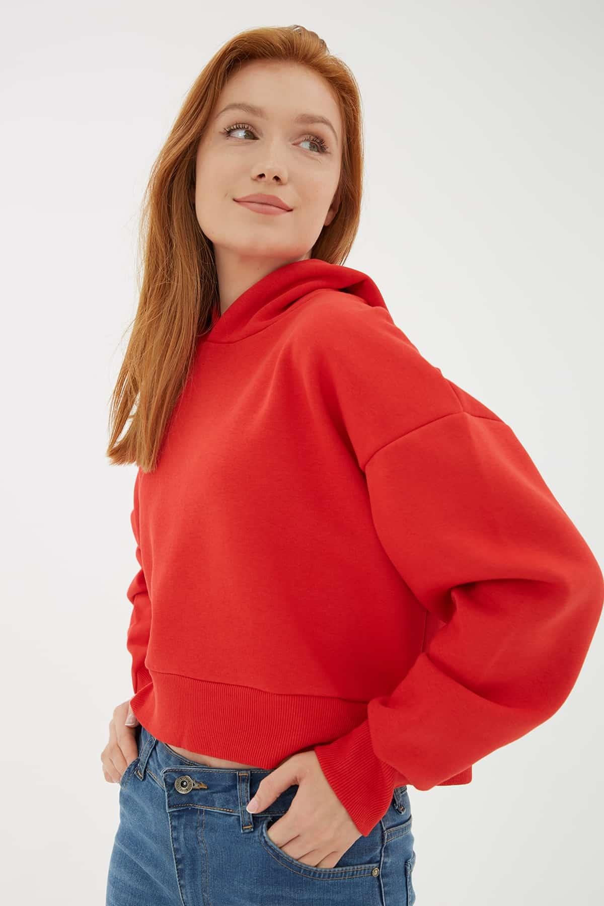 Kapüşonlu Crop Sweat Kırmızı | Fashion Friends
