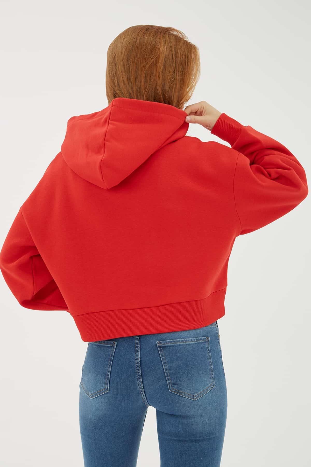 Kapüşonlu Crop Sweat Kırmızı | Fashion Friends