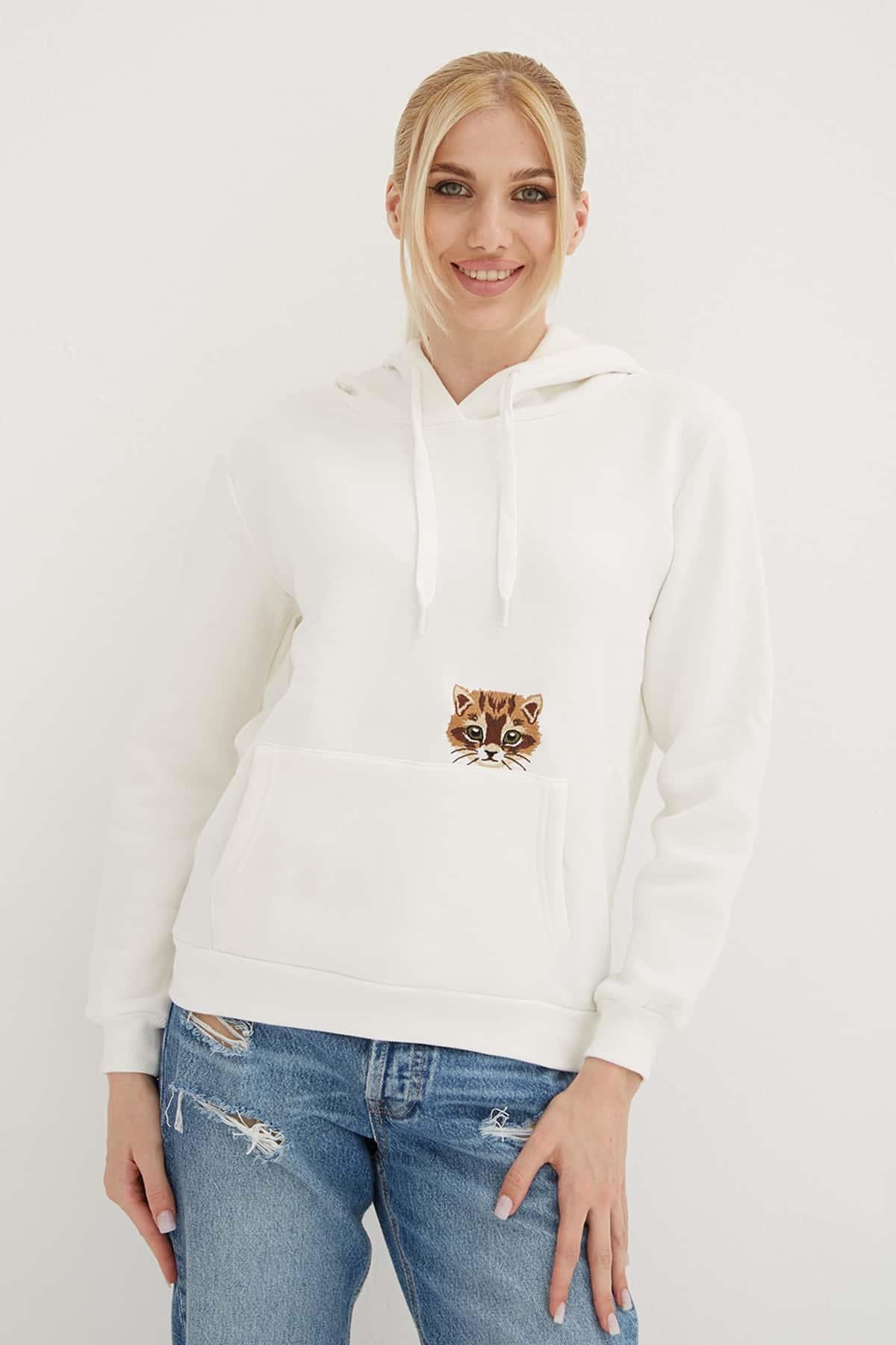 Kapüşonlu Nakış Detaylı Sweat Ekru | Fashion Friends