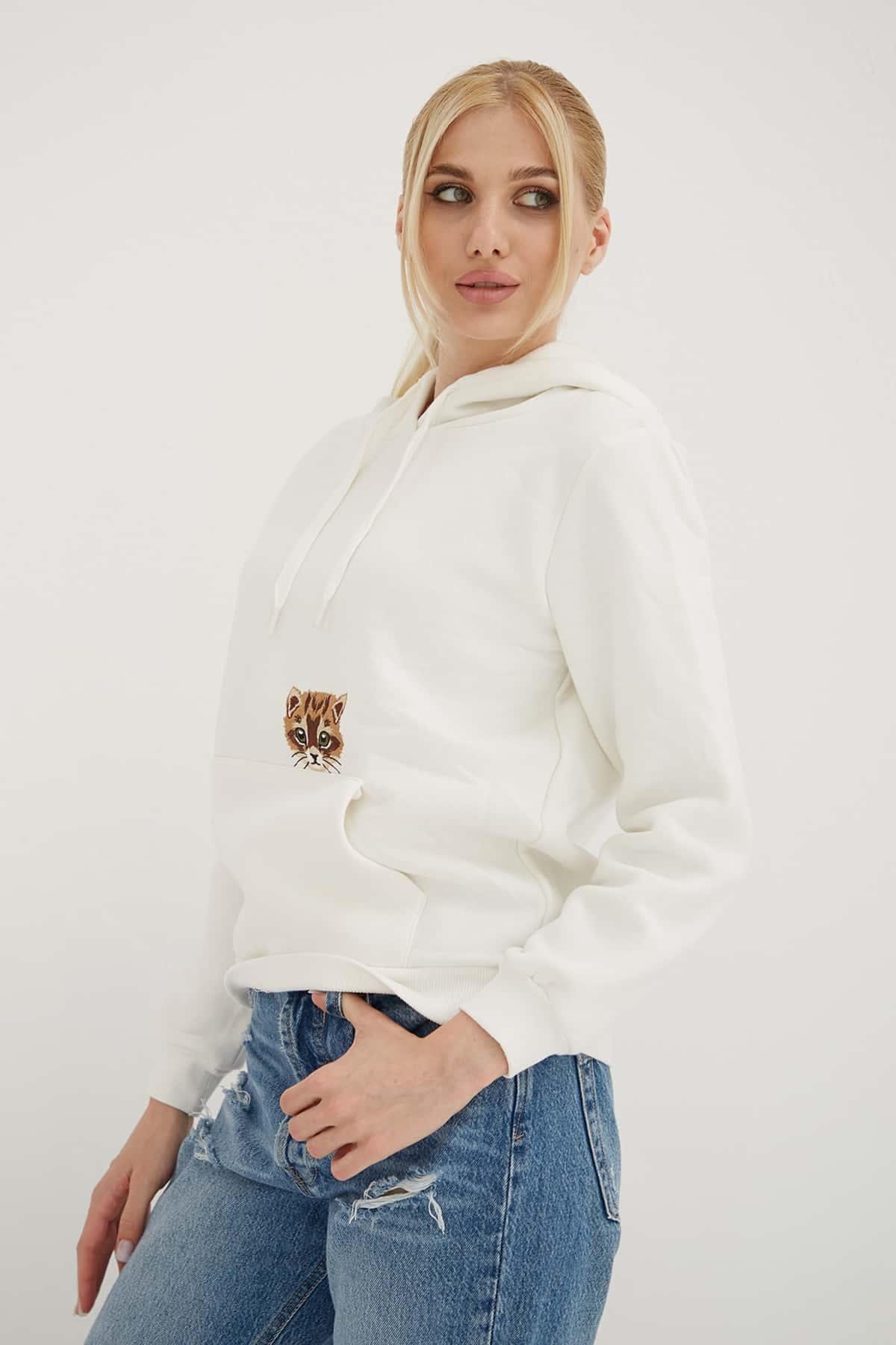 Kapüşonlu Nakış Detaylı Sweat Ekru | Fashion Friends