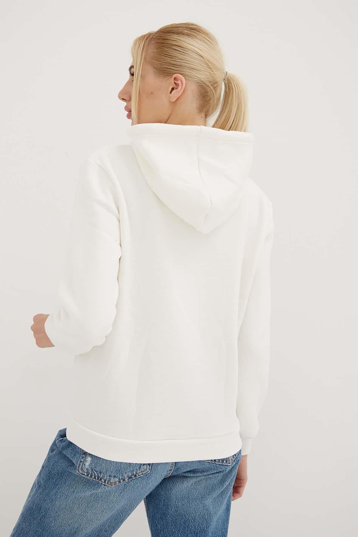 Kapüşonlu Nakış Detaylı Sweat Ekru | Fashion Friends