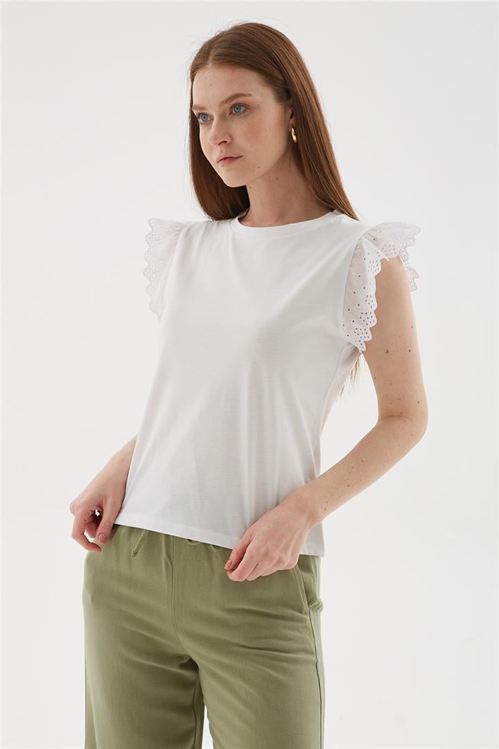 Kolları Fistolu %100 Pamuklu Tişört Beyaz | Fashion Friends