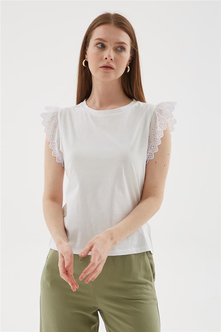 Kolları Fistolu %100 Pamuklu Tişört Beyaz | Fashion Friends