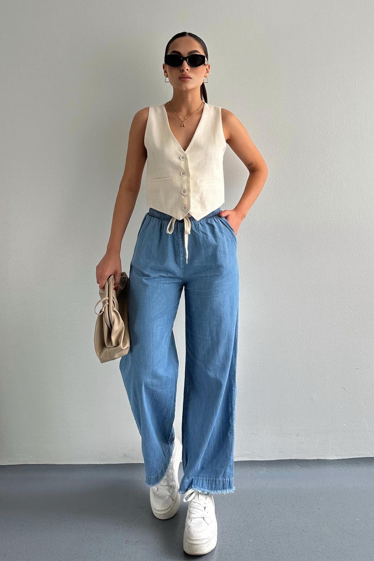 Paçası Püsküllü Straight Fit Denim Pantolon Mavi | Fashion Friends