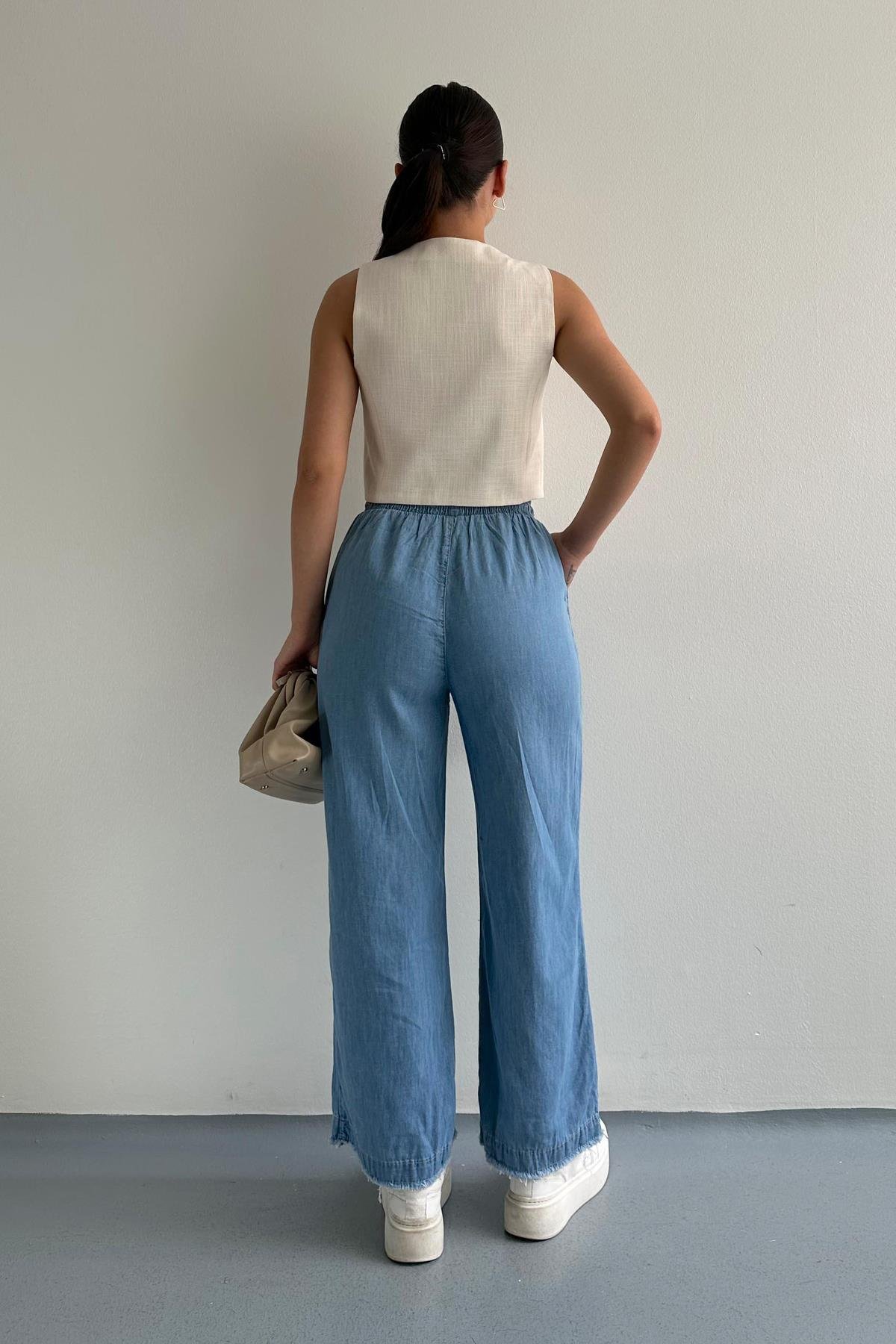 Paçası Püsküllü Straight Fit Denim Pantolon Mavi | Fashion Friends