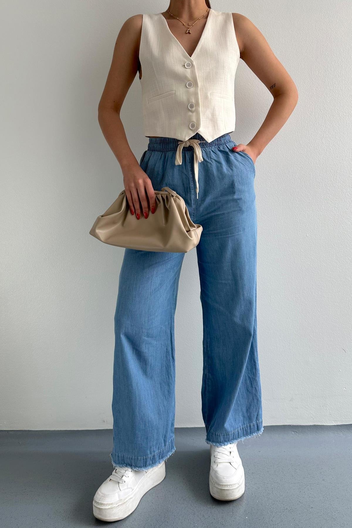 Paçası Püsküllü Straight Fit Denim Pantolon Mavi | Fashion Friends