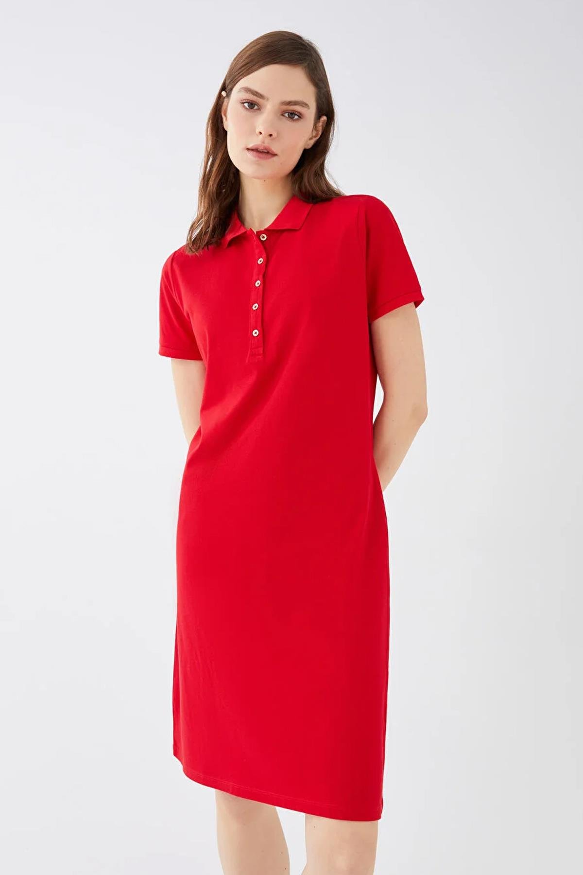 Polo Yaka Elbise Kırmızı | Fashion Friends
