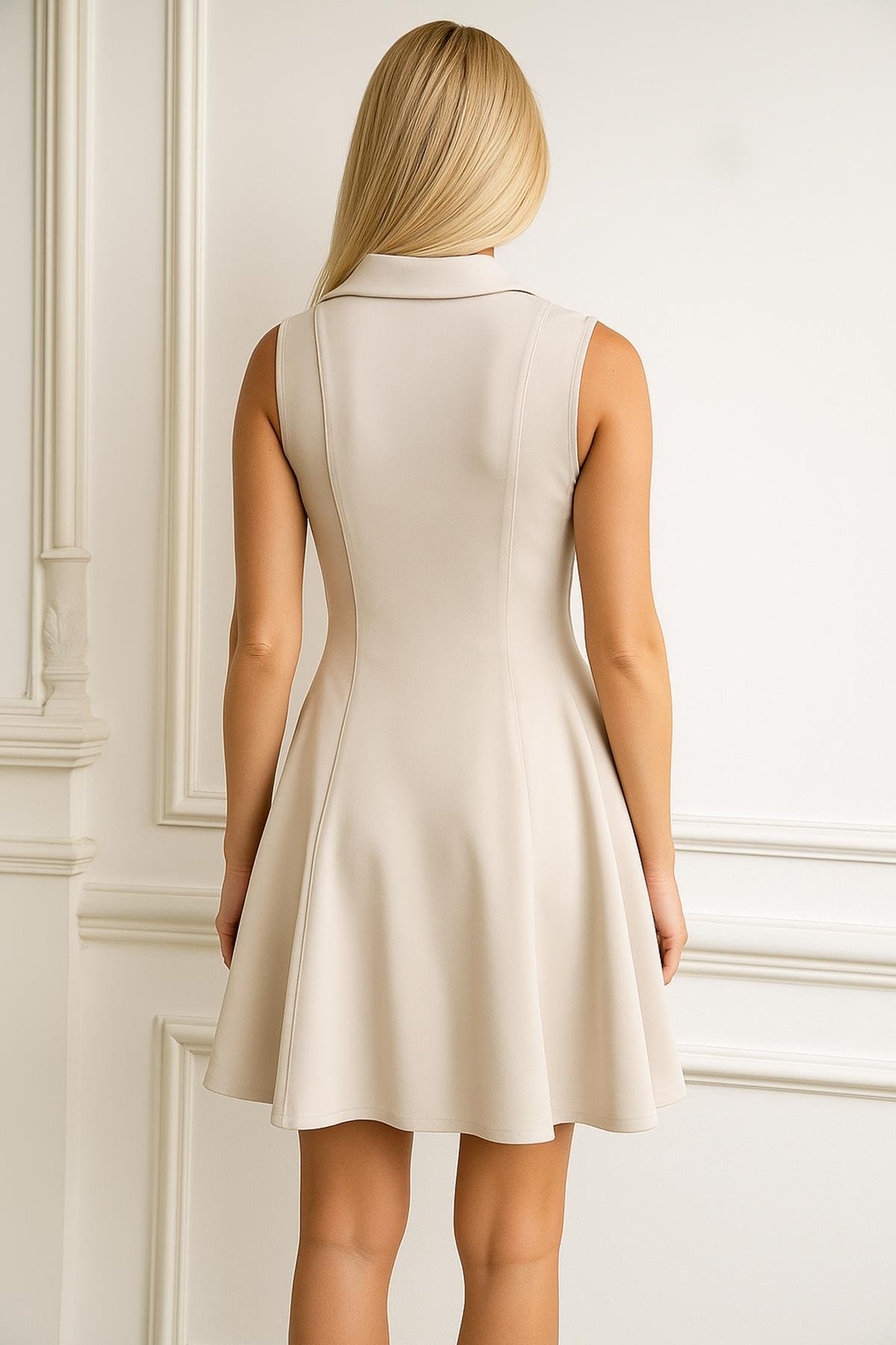 Polo Yaka Kolsuz Volanlı Elbise Bej | Fashion Friends