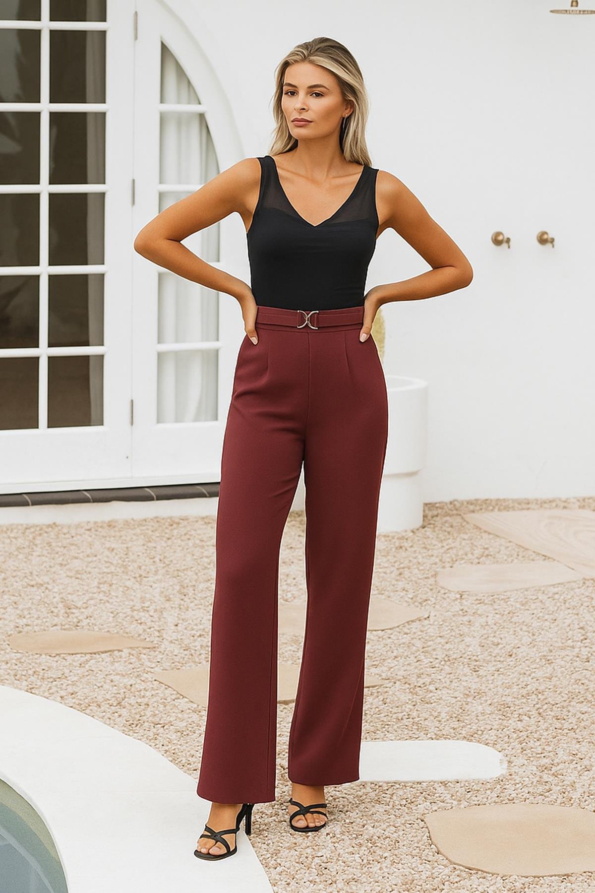 Toka Detaylı Geniş Paça Pantolon Bordo | Fashion Friends