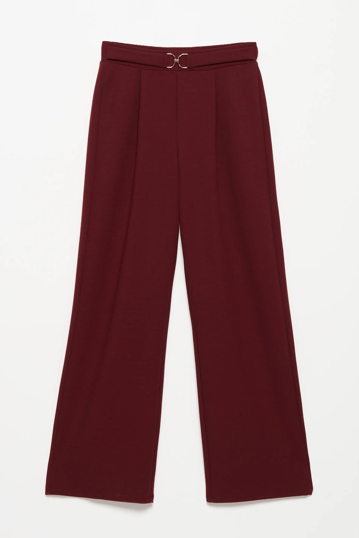 Toka Detaylı Geniş Paça Pantolon Bordo | Fashion Friends