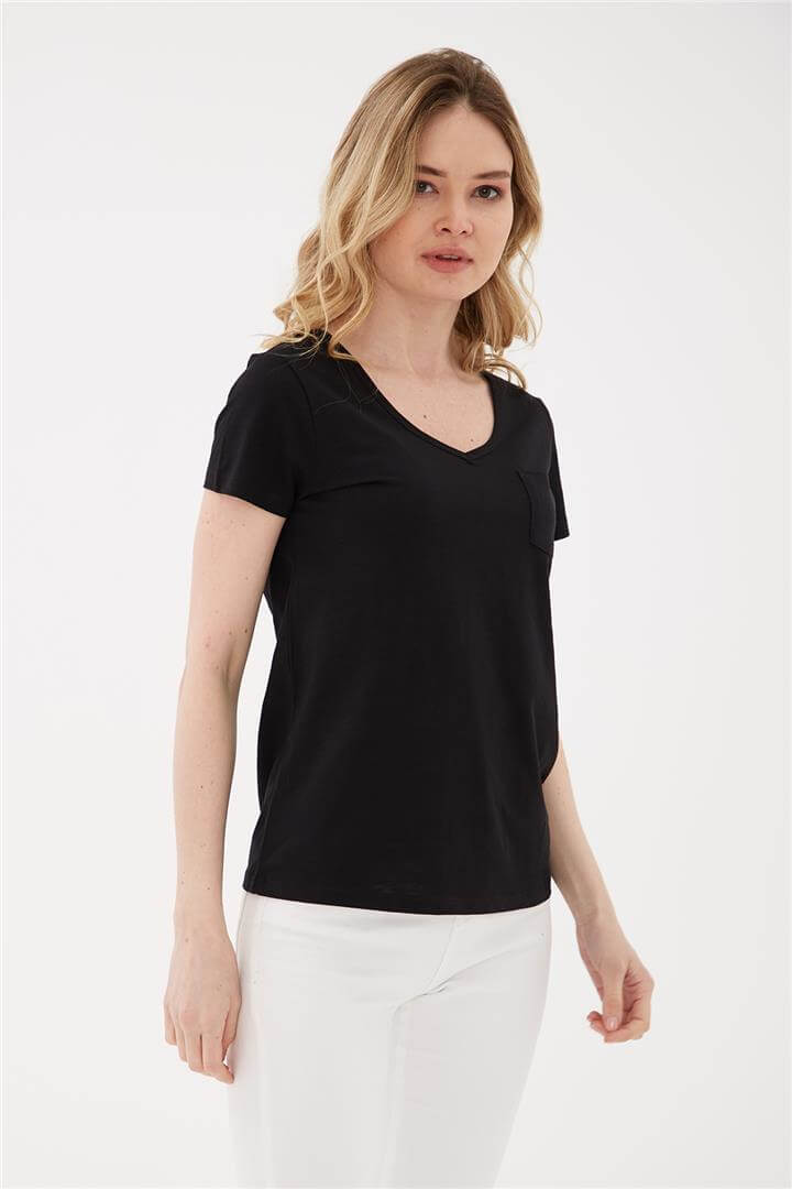 V Yaka Cepli T-Shirt Siyah | Fashion Friends