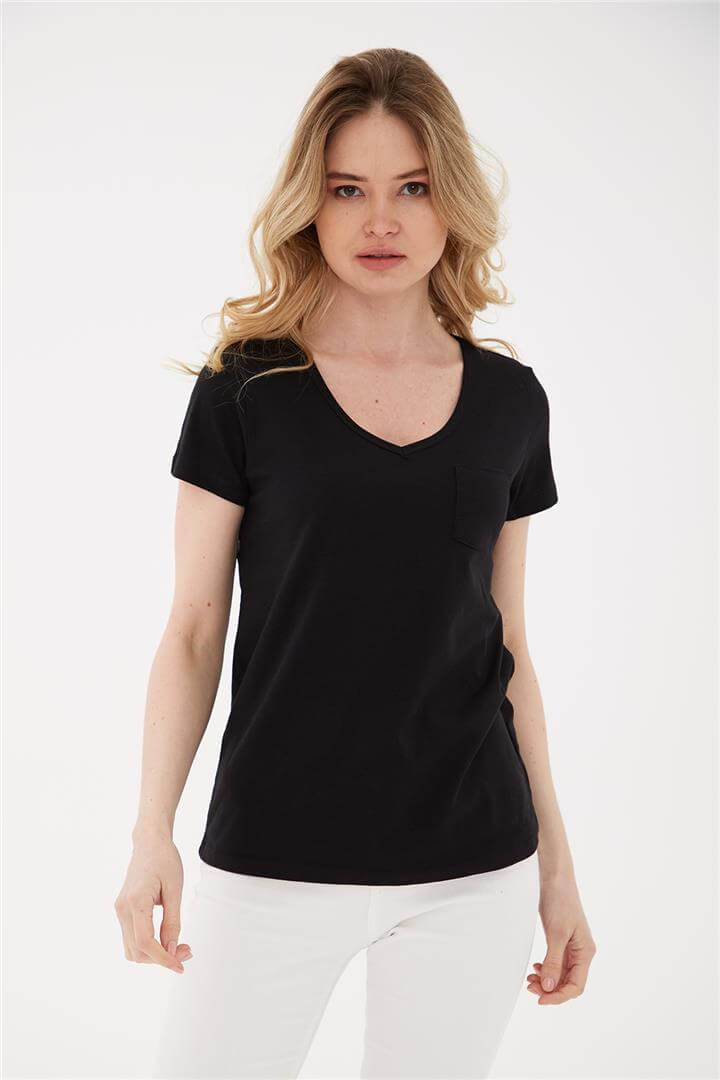 V Yaka Cepli T-Shirt Siyah | Fashion Friends
