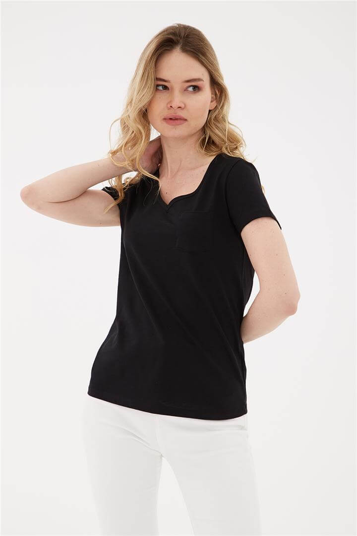 V Yaka Cepli T-Shirt Siyah | Fashion Friends