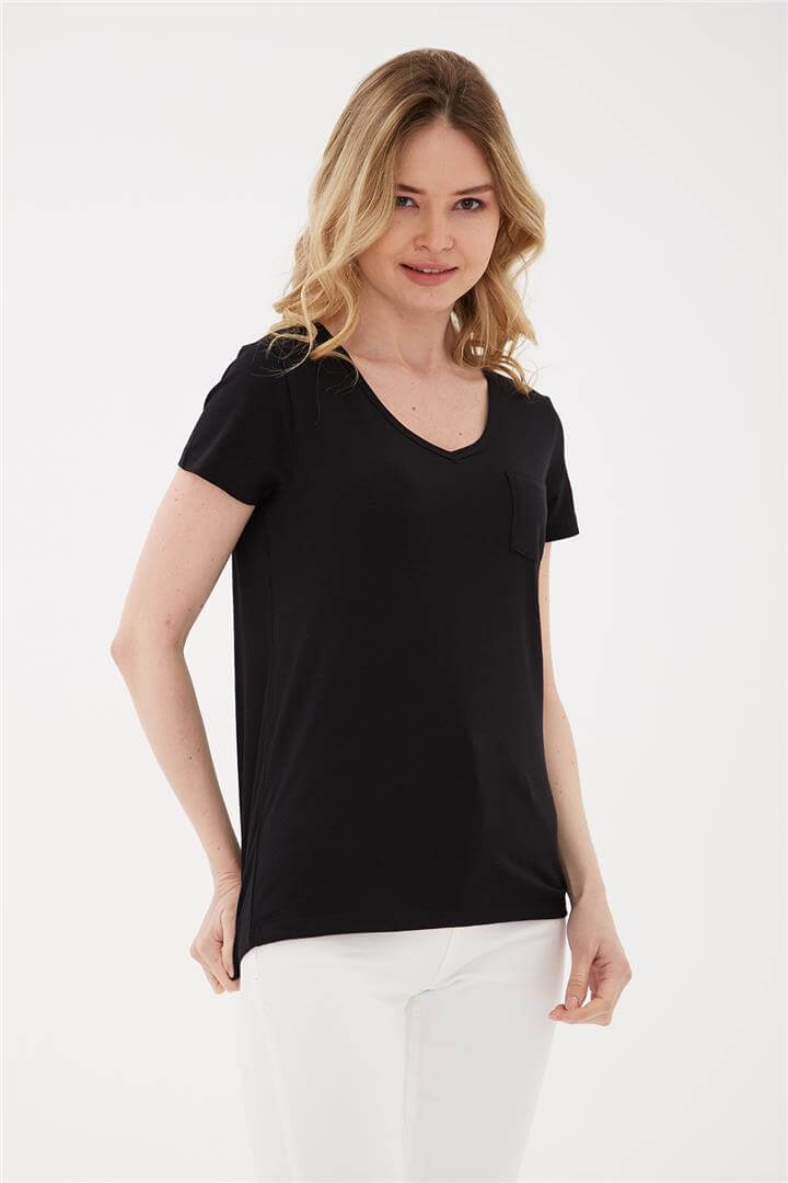 V Yaka Cepli T-Shirt Siyah | Fashion Friends