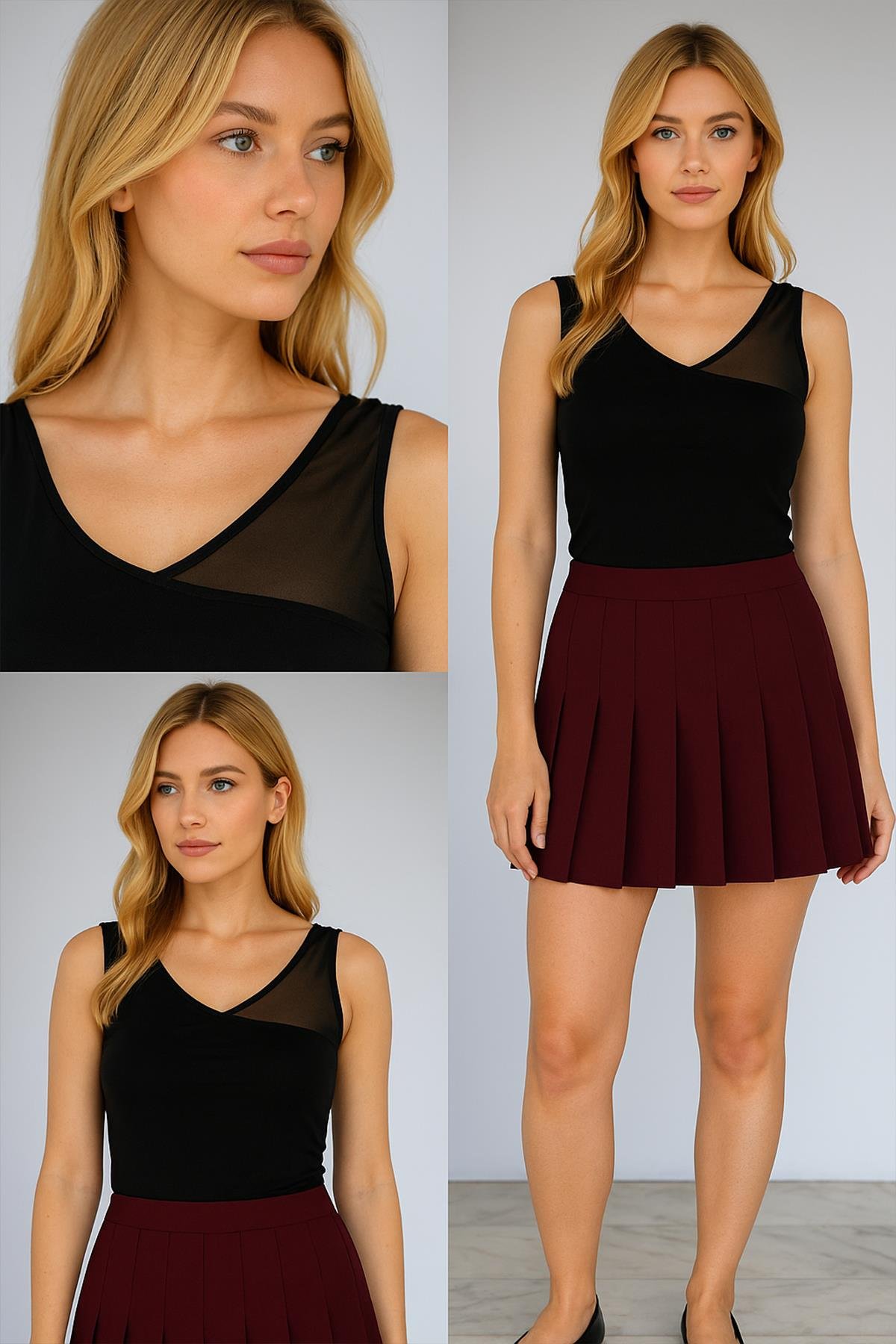 V Yaka Tül Garnili Bluz Siyah | Fashion Friends