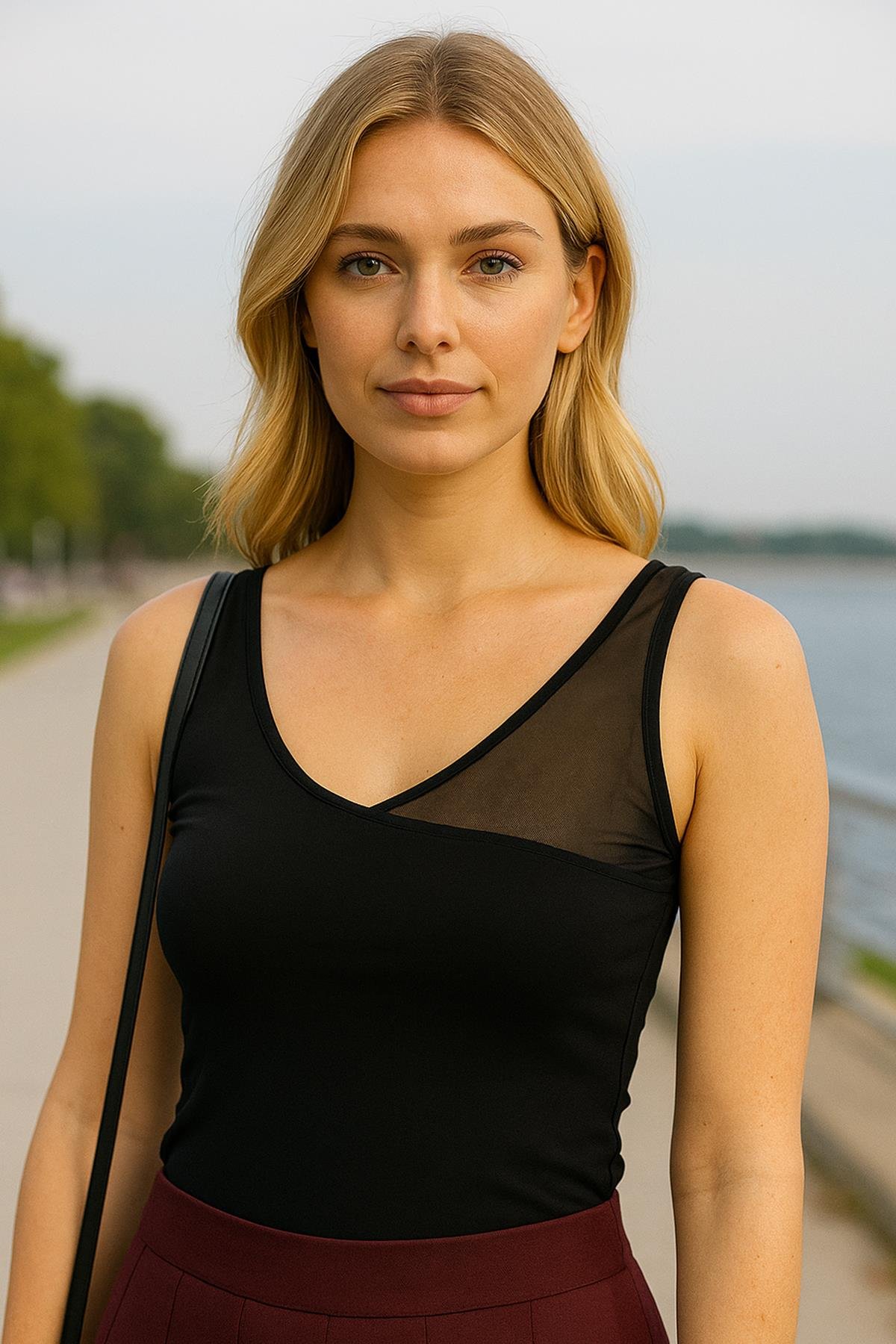 V Yaka Tül Garnili Bluz Siyah | Fashion Friends