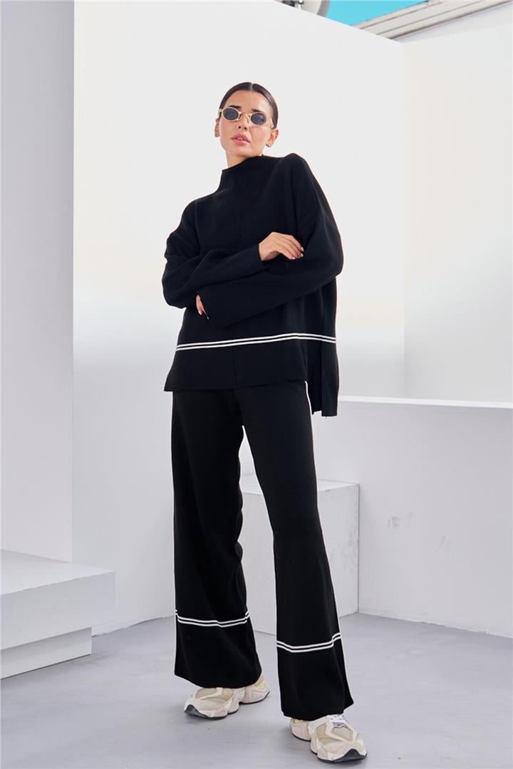 Yanı Şeritli Triko Takım Siyah | Fashion Friends