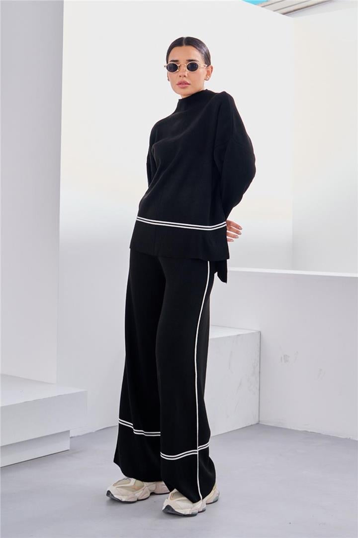 Yanı Şeritli Triko Takım Siyah | Fashion Friends