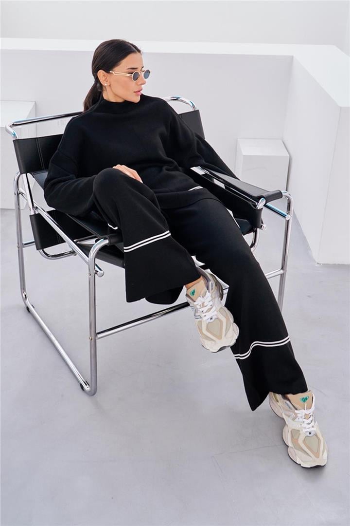 Yanı Şeritli Triko Takım Siyah | Fashion Friends