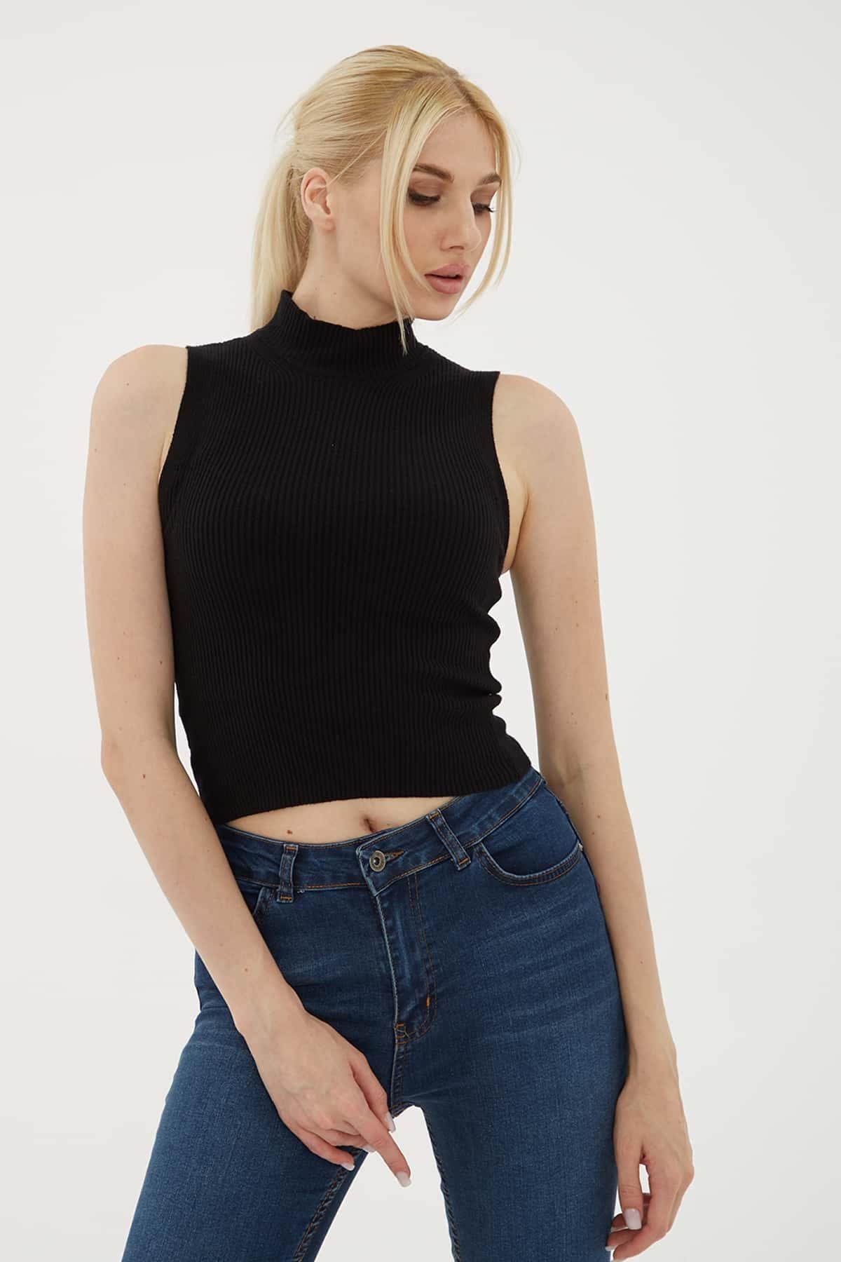 Yarım Balıkçı Triko Bluz Siyah | Fashion Friends