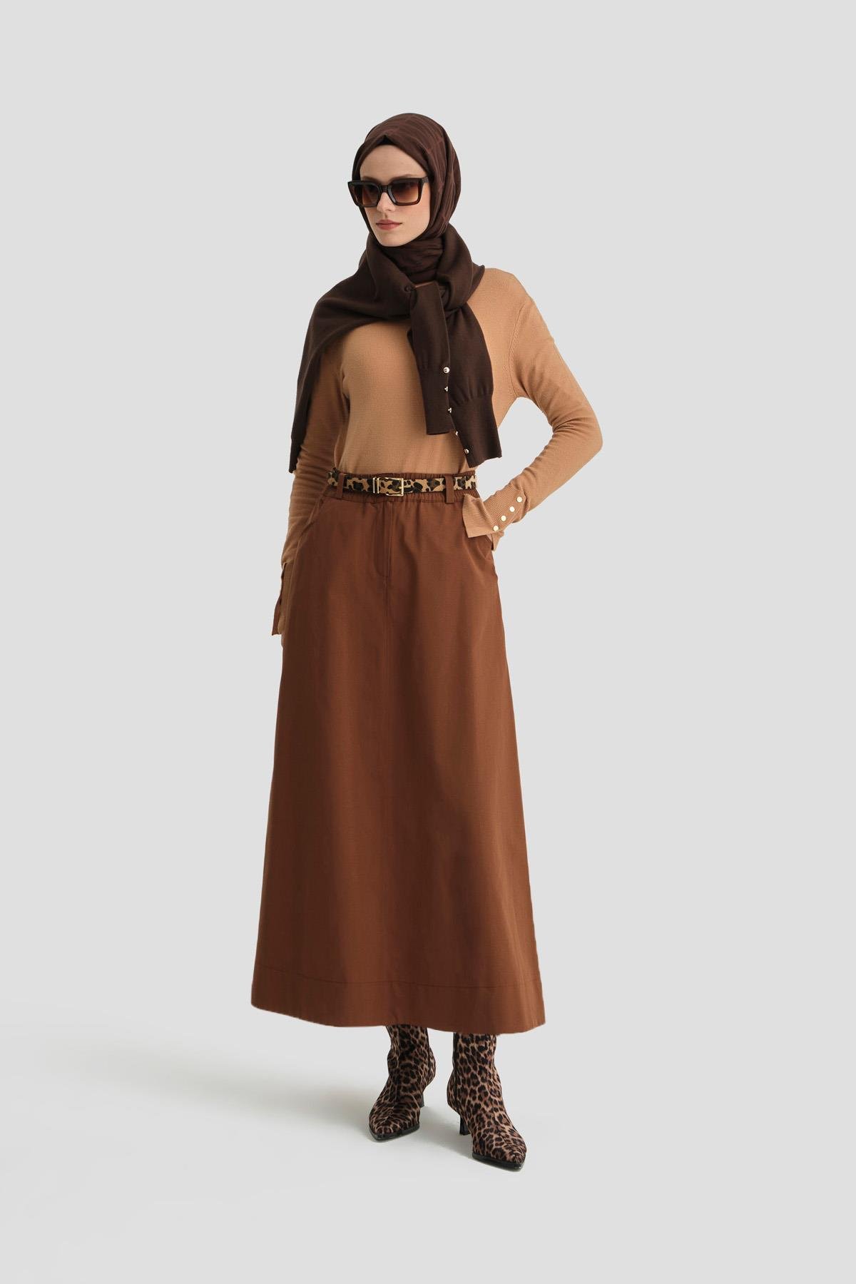 NAQISHE CEPLİ ETEK/KAHVERENGİ