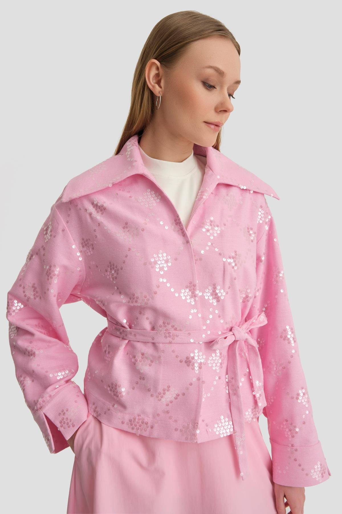 NAQISHE PULLU PAMUK BLAZER CEKET /PUDRA