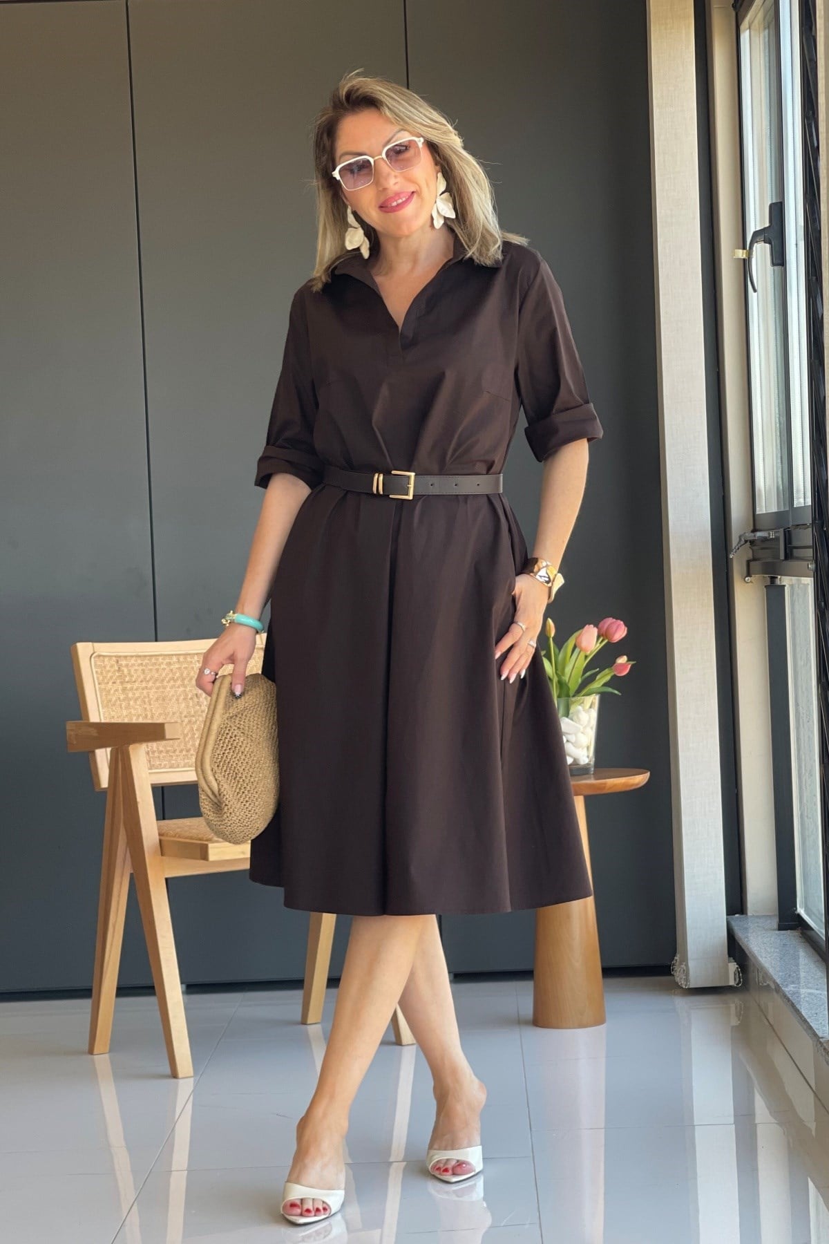 Acı Kahve Oversize Poplin Elbise