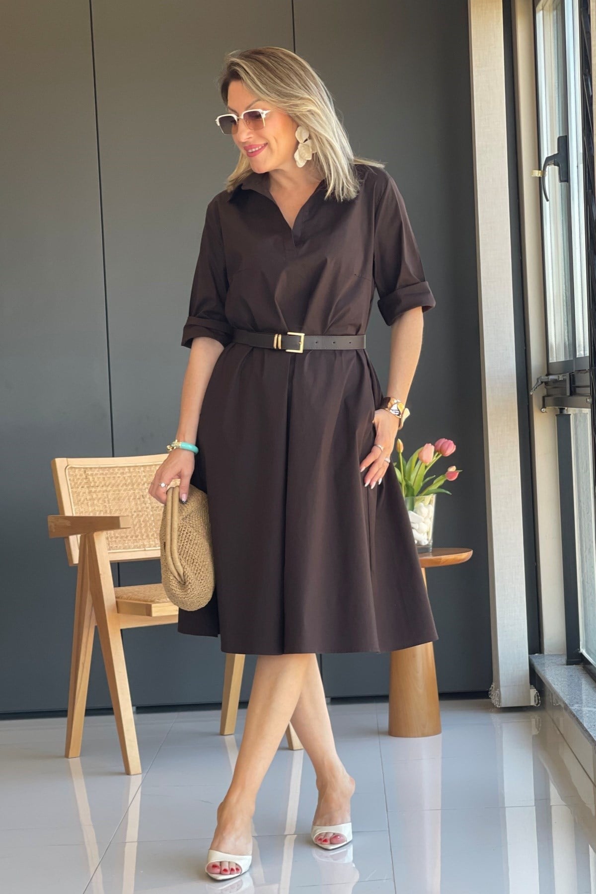 Acı Kahve Oversize Poplin Elbise