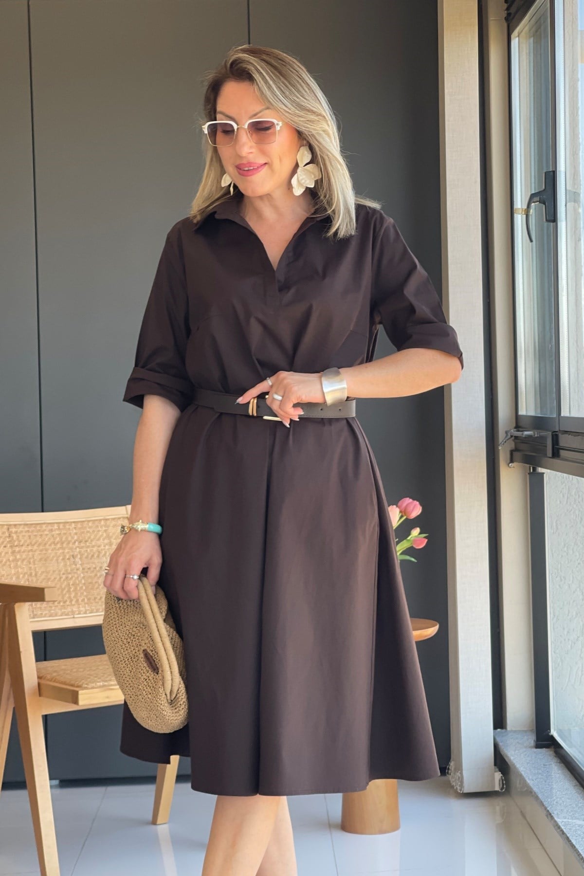 Acı Kahve Oversize Poplin Elbise