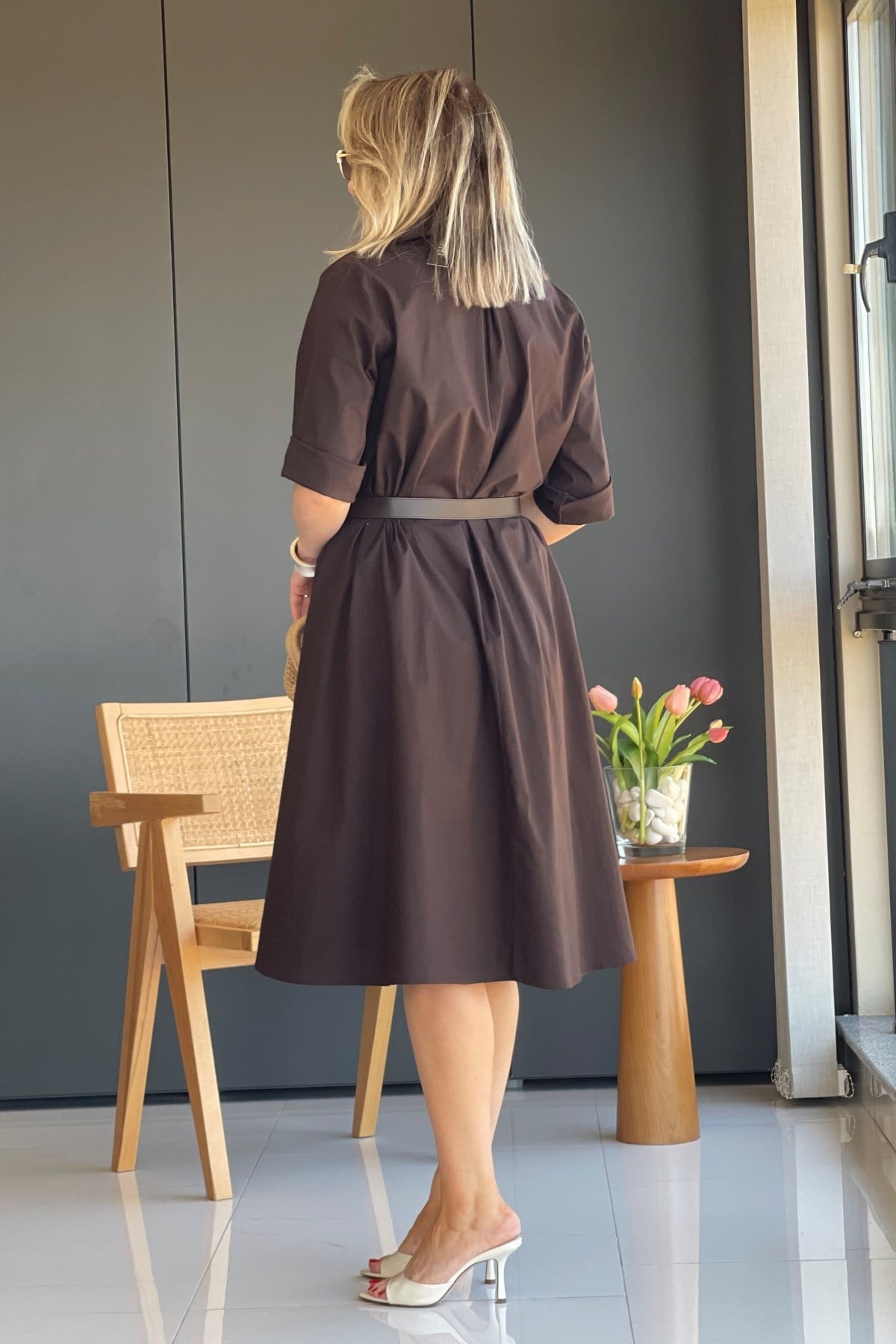Acı Kahve Oversize Poplin Elbise