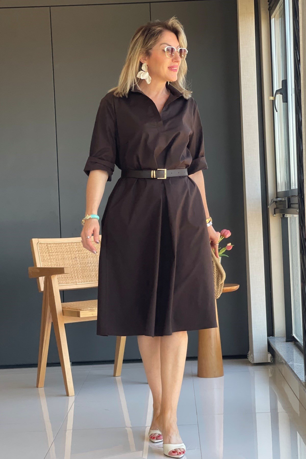 Acı Kahve Oversize Poplin Elbise