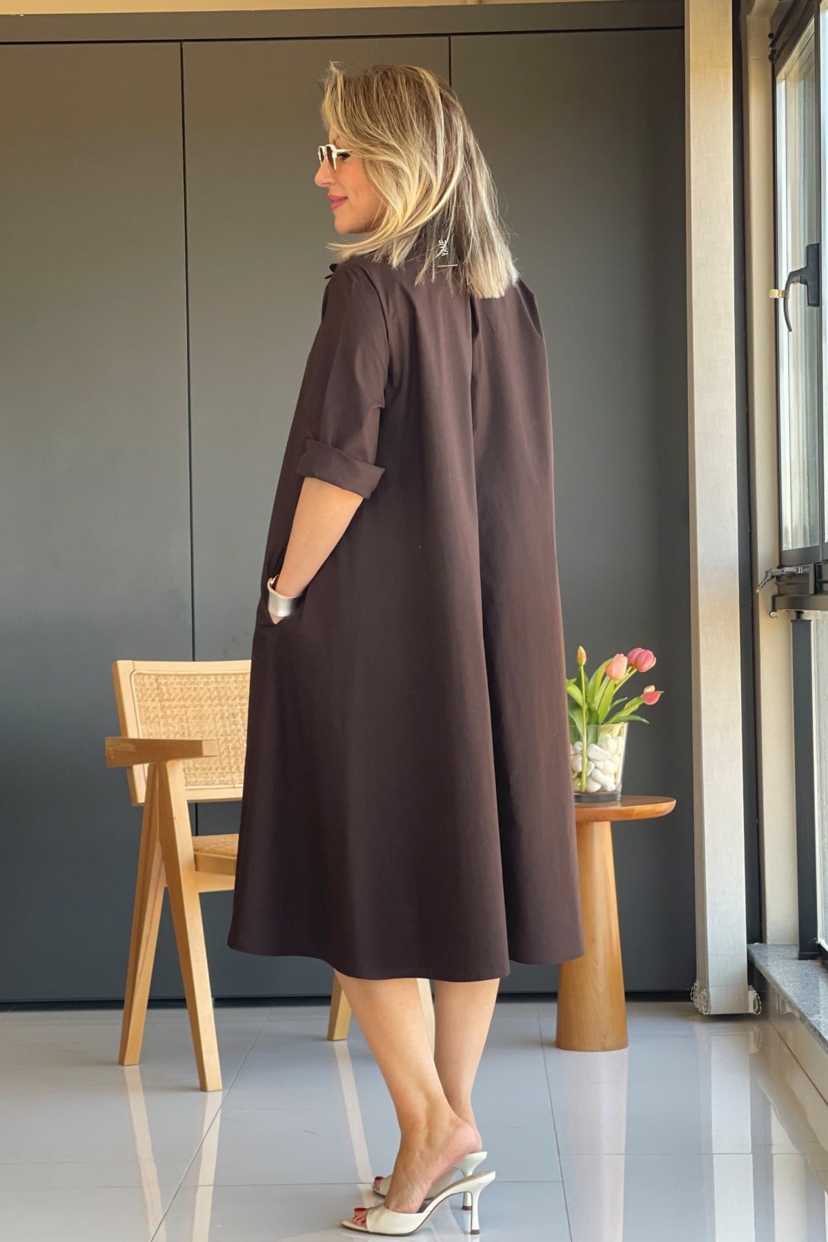 Acı Kahve Oversize Poplin Elbise