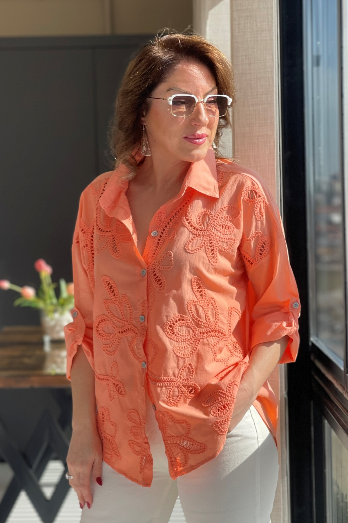 Ajurlu Orange Brode Gömlek