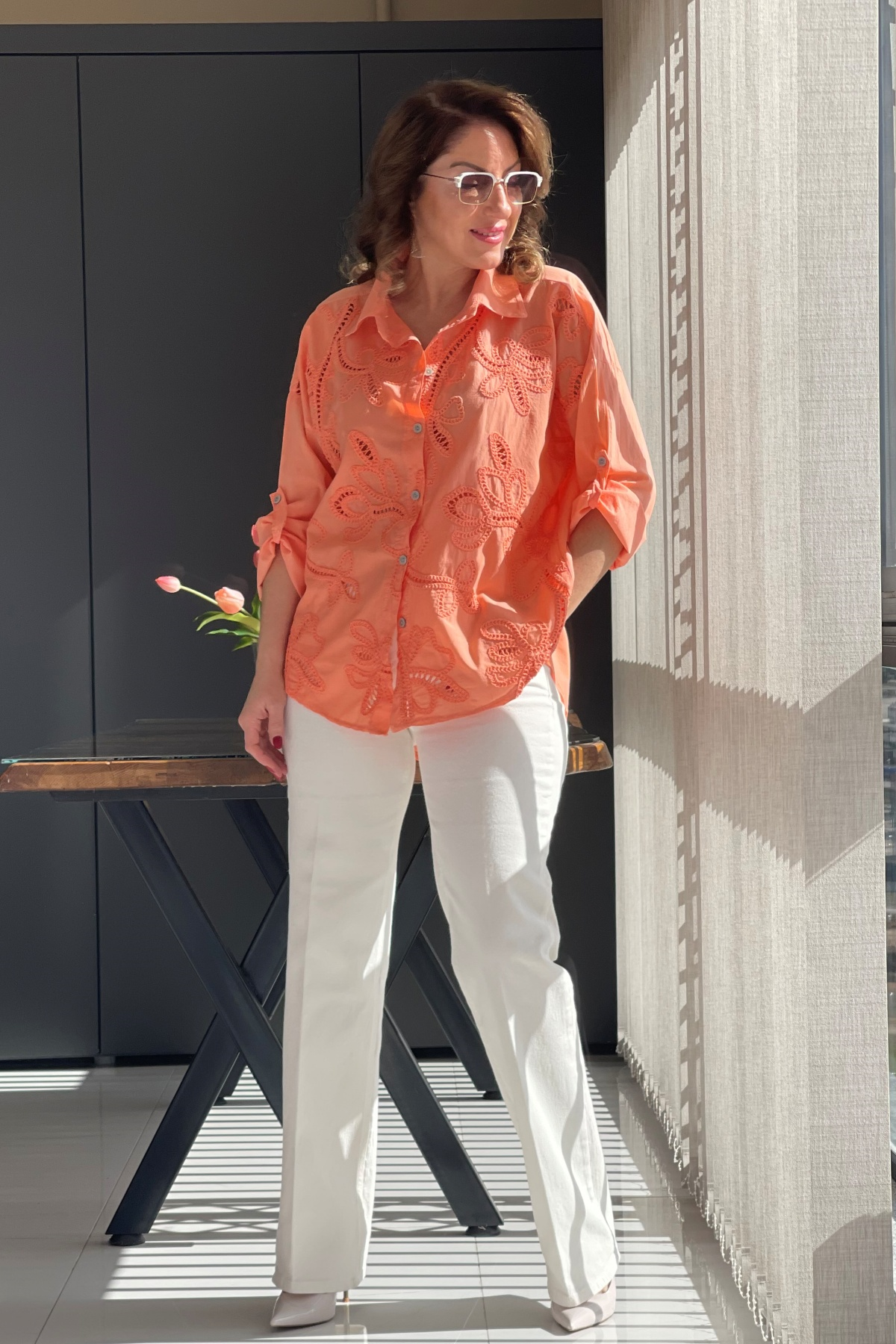 Ajurlu Orange Brode Gömlek