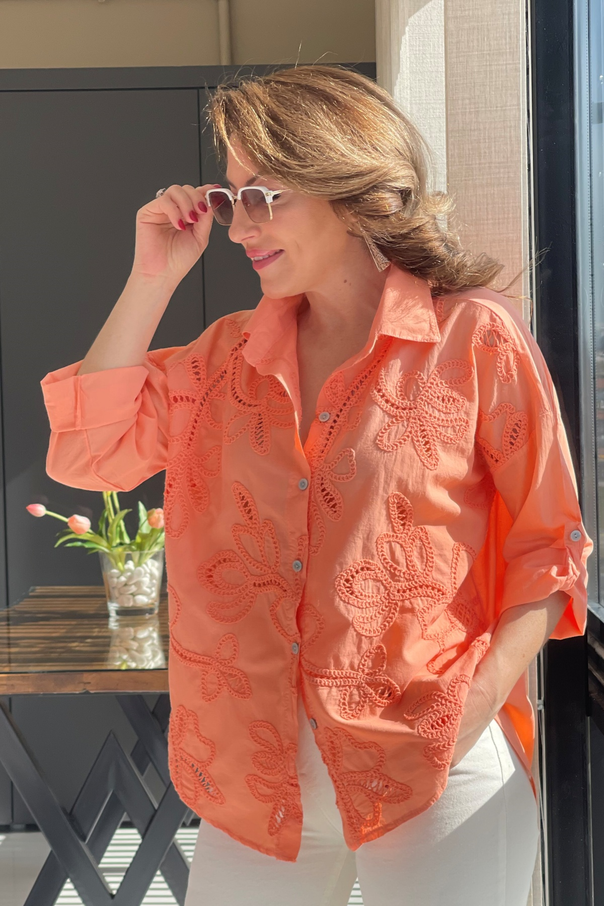 Ajurlu Orange Brode Gömlek