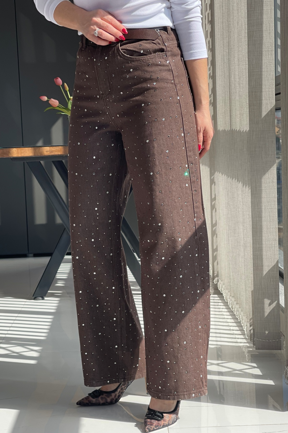 Baggy Model Taş Detay Kahve Jean