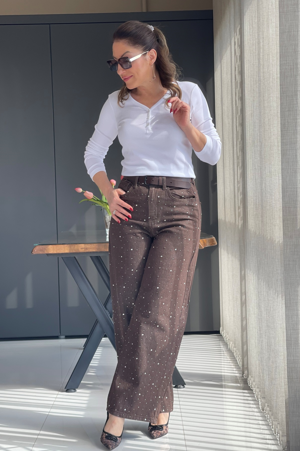 Baggy Model Taş Detay Kahve Jean