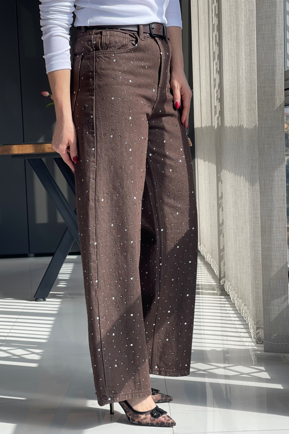 Baggy Model Taş Detay Kahve Jean