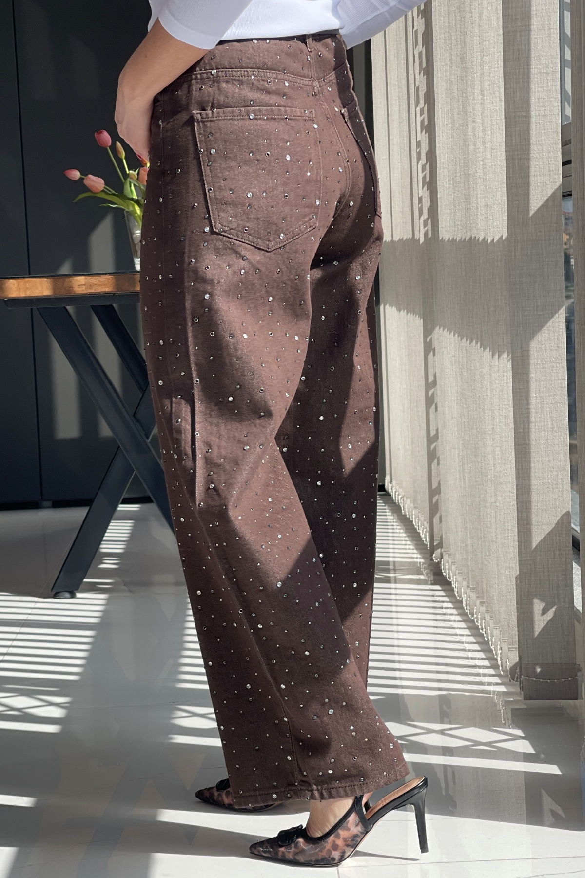 Baggy Model Taş Detay Kahve Jean