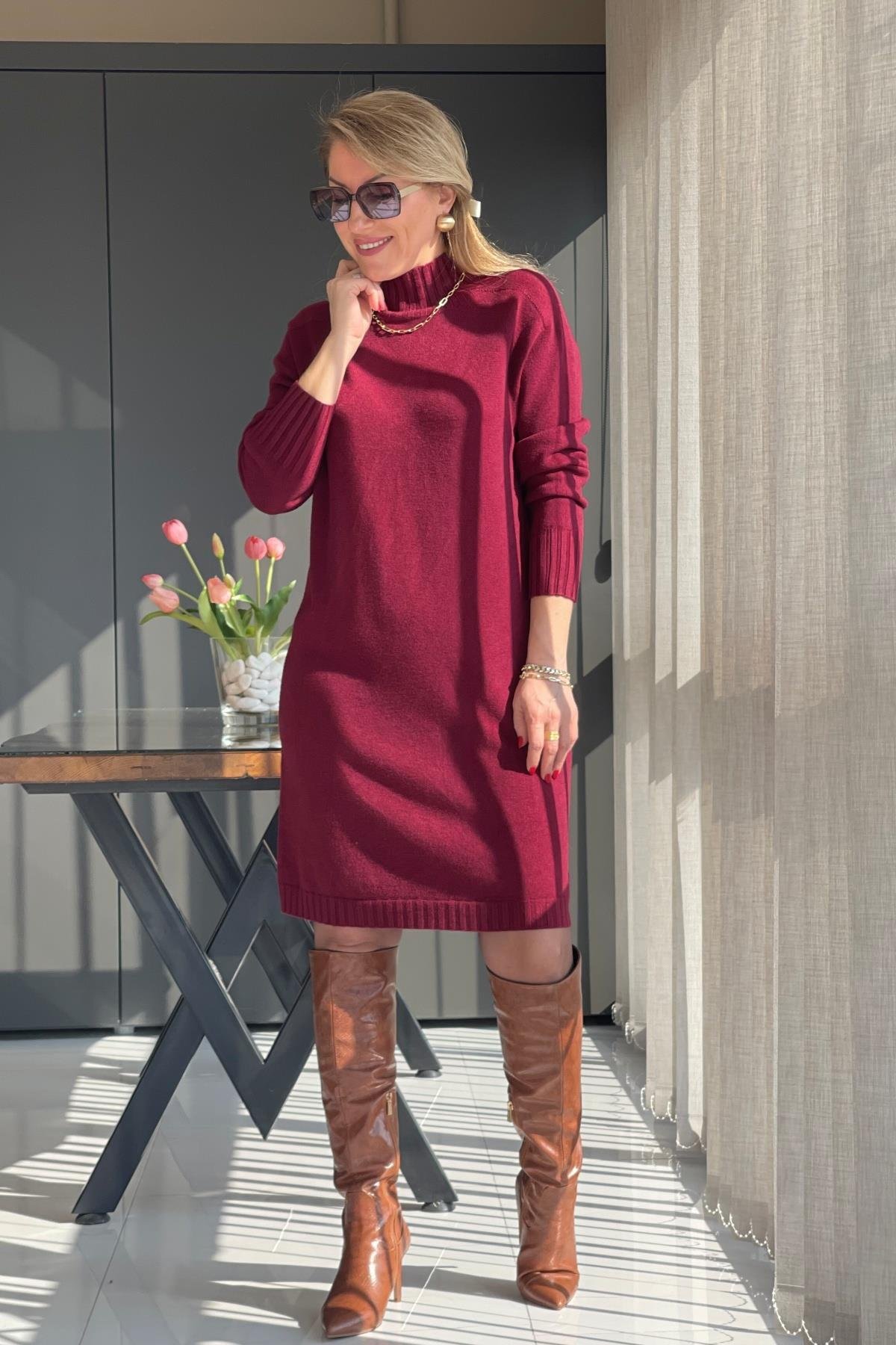 Balıkçı Yaka İthal Triko Bordo Elbise