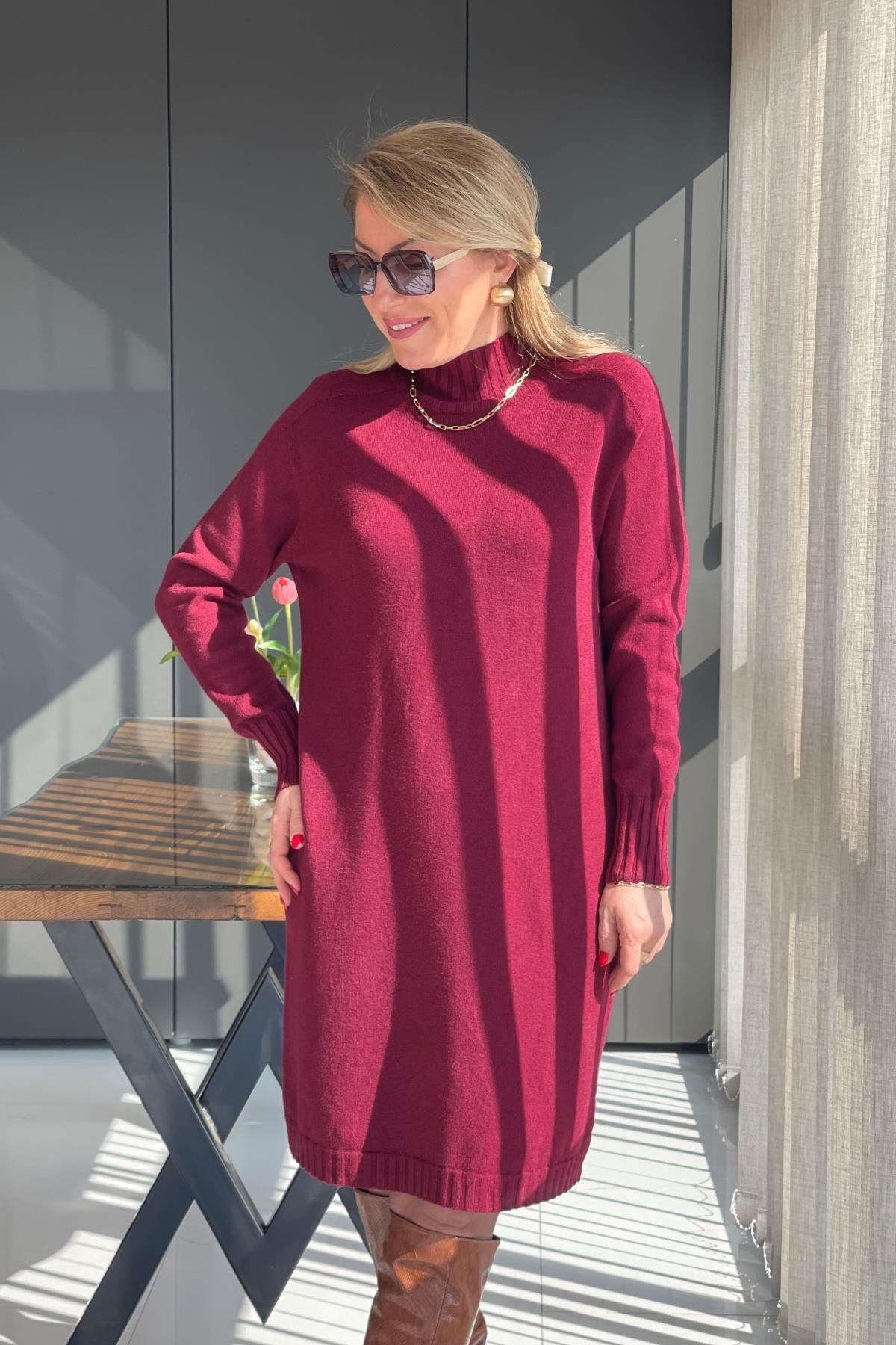 Balıkçı Yaka İthal Triko Bordo Elbise